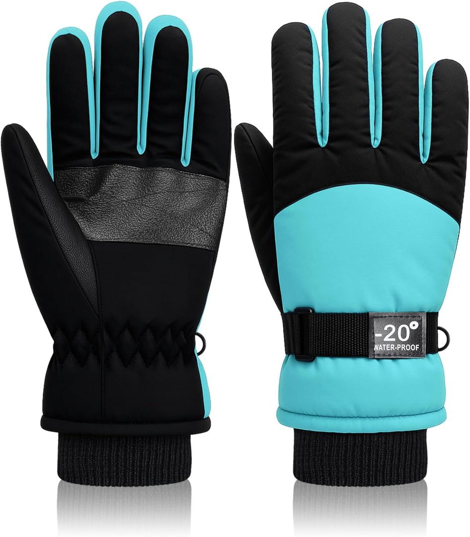 Geyoga Kids Waterproof Winter Snow Ski Gloves for Boy Girl Outdoor Warm Thickening Snowboard Gloves (8-12 Years, Blue Green)
