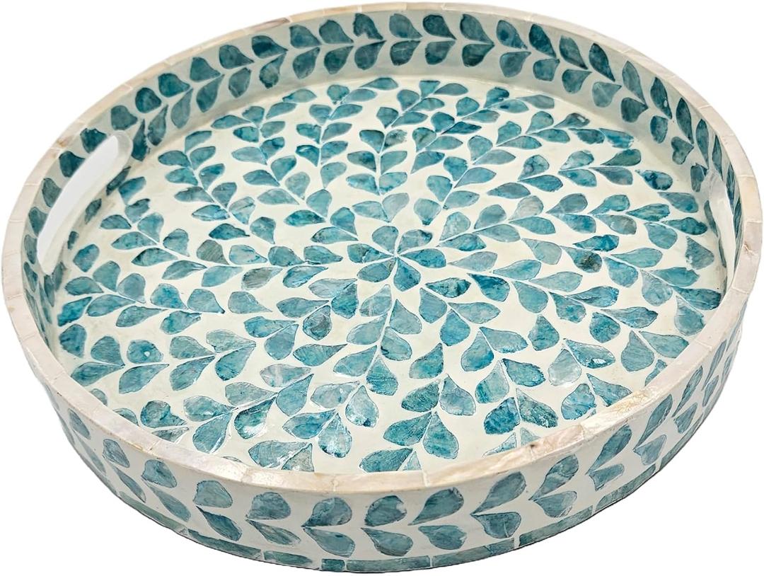 PEMAR 12.6 Mother of Pearl Round Serving Tray with Handles, Decorative Nacred Wooden Ottoman Coffee Table Tray (Teal Floral Pattern)
