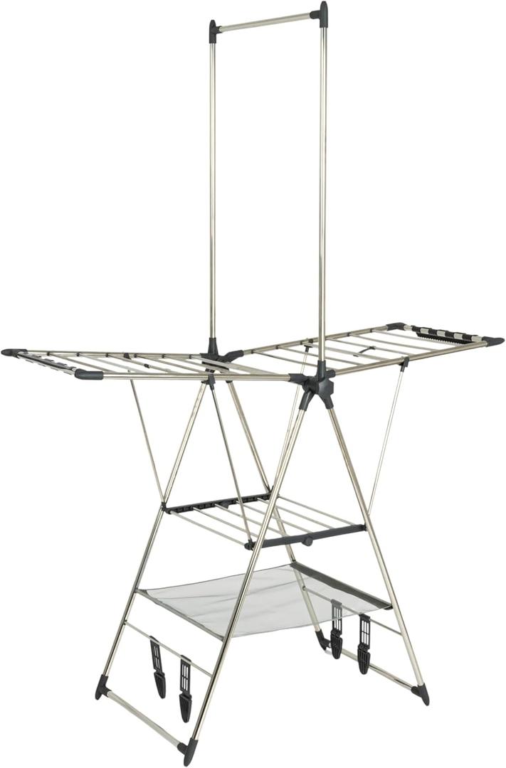 Household Essentials Multi Tier Stainless Steel Laundry Drying Rack with T Bar and Two Side Wings, Silver, 70x9x109cm
