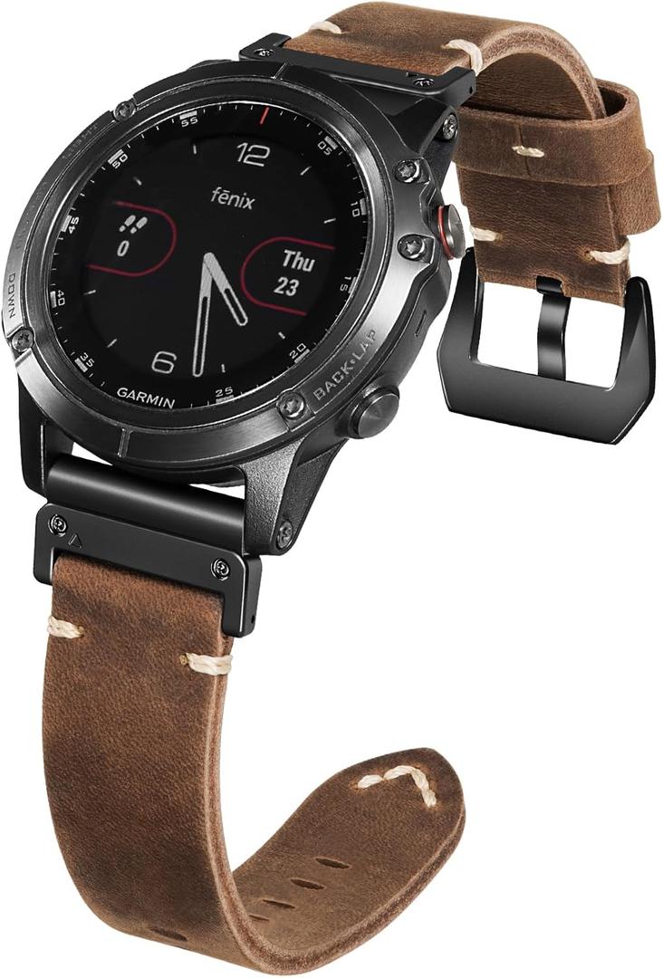 Handmade Double Sided Leather Band Compatible With Garmin Watch Band 22mm/26mmQuickfit Retro Design Genuine Leather Band For Garmin Fenix 8/7/6 Pro/5 Plus/Tactix/MARQ/Endur/Quatix/Forerunner 935/945 (Brown/Black, 22mm)