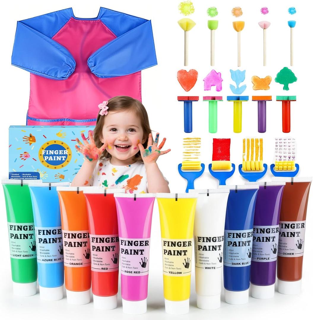 TMOL Washable Finger Paint for Toddlers, 25 PCS Safe Finger Paints, 10 Vibrant Colors (2fl oz), Baby Paint for Hand and Feet, Safe Art Supplies, Early Learning Gifts for Kids Age 3+