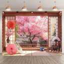 8x6ft Fabric Spring Cherry Blossoms Backdrop Japanese Sakura Garden Photography Background Room Courtyard Indoor Party Decorations Photo Banner Props