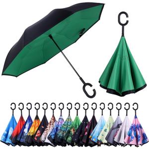 Inverted Reverse Umbrella with C-shaped Handle Windproof Upside Down Umbrellas for Rain Double Layer Hands Free Umbrella for Women and Men (Green)
