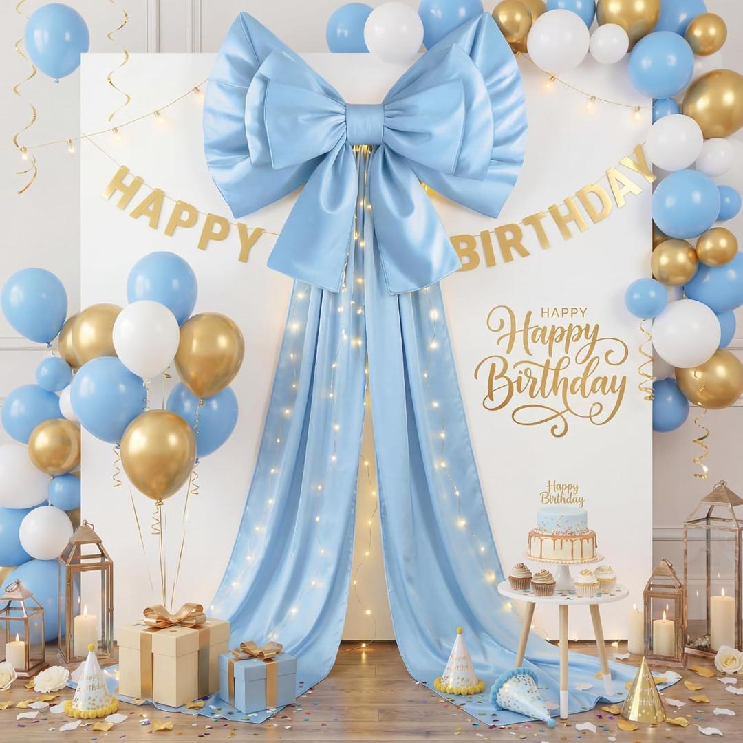 DoubleFill 55 x 118'' Giant Blue Bow Backdrop Oversized Silk Coquette Bow for Something Blue Bridal Shower Decor Large Hall Outdoor Weddings Birthday Party Baby Shower Indoor Home Wall Room Decoration