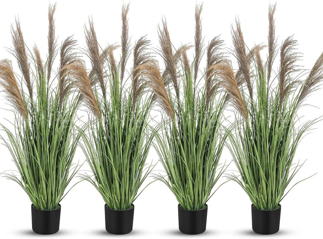 Jexine 4 Pcs Pampas Grass Potted Plants 4 ft Tall Artificial Grass Potted Artificial Greenery Floor Plants Tall in Pot for Housewarming Gift House Garden Bathroom Lobby Outdoor Decoration (Greeny)