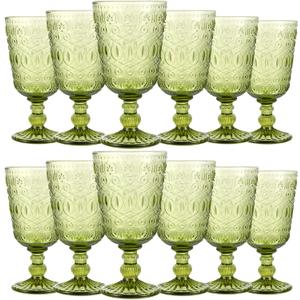 Eaasty Wine Glasses Set of 12 Vintage Goblet 9 oz Vintage Colored Glass Goblet Beverage Stemmed Glass Cups Romantic Embossed Glassware for Wedding Party Holidays Anniversary (Green)