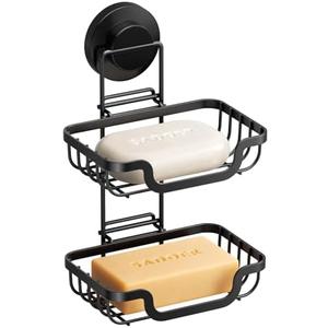 LEVERLOC Soap Holder, Soap Bar Dish for Shower Suction Cup Wall Mounted, Stainless Steel Double Layer Sponge Holder for Bathroom Bathtub Kitchen Sink, Removable Waterproof, Keep Dry, Black