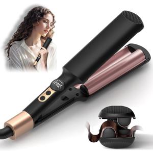 Mini Waver Crimper Hair Tool for Women Short Hair Travel 0.4 inch Double Barrel Small S Waver Curling Iron Dual Voltage (110-240V) with 5 Temps, Anti-scalding, 30M Auto-Off for Dating, Daily (Black)