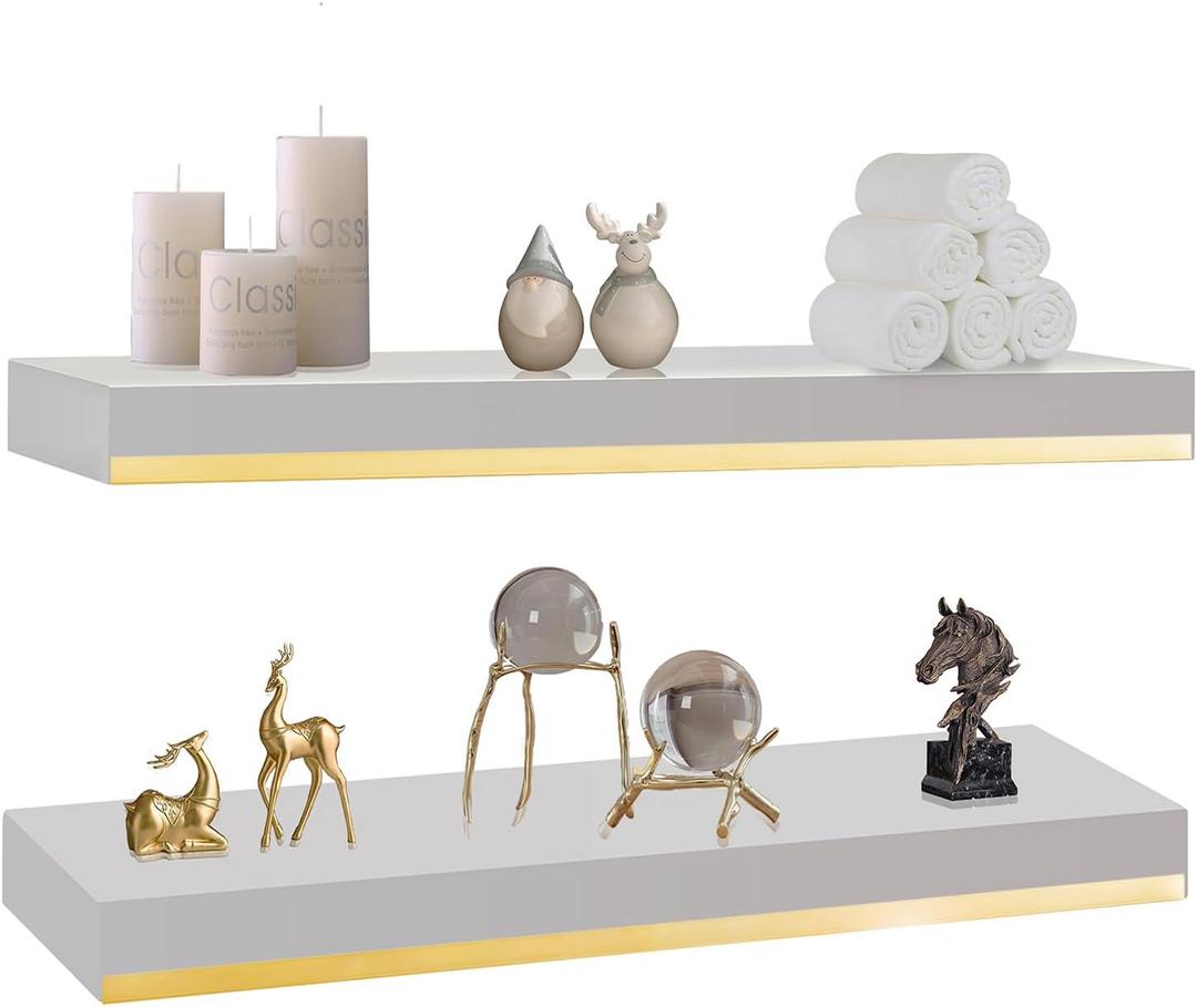 Thicked 1.78 inch Pine Wood White and Gold Floating Shelves 25 7.9 inch With 1/5 inch Heavy Duty Bracket,White and Gold Shelves With Stainless Steel Trim Strip, Gold shelves for wall,bedroom Set of 2 (25*7.9inch)