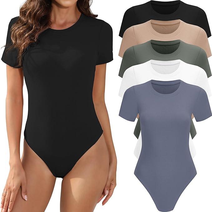 5 Pack Body Suits for Womens Short Sleeve Round Neck Casual Stretchy Basic T Shirt Bodysuit Tops S