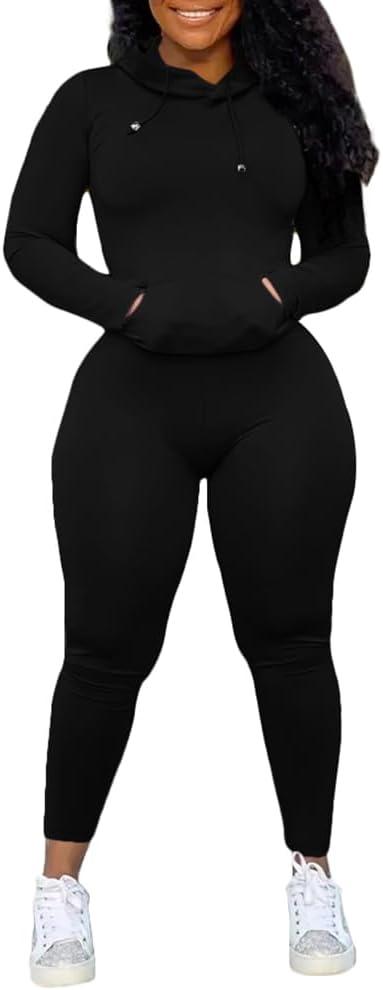 Nimsruc 2 Piece Outfits For Women Sweatsuits Sets Hooded Tracksuit Long Sleeve Pullover Jogger Sweat Pants Set (Black, L)