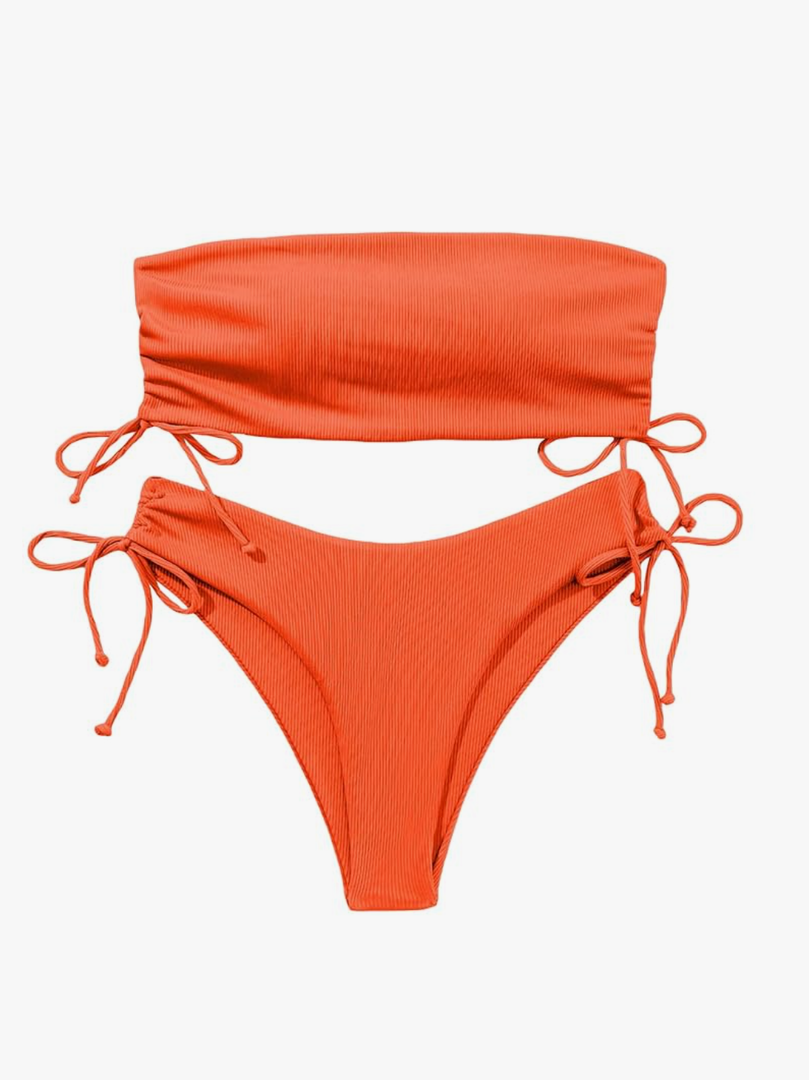 Milumia Women's 2 Piece Bandeau Bikini Sets Rib Knit Drawstring High Cut Swimsuits, Size -XL