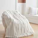 Faux Fur Throw Blanket for Couch, Cozy Warm Plush Striped Blanket for Sofa Bedroom Living Room, 50x60 Inches Cream White