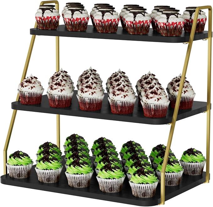 VyGrow Cupcake Stand, 3-Tier Dessert Stand for 55 Cupcakes, Wood & Metal Tower Display Premium Holder Dessert Tree Tower for Christmas Birthday Weddings Party Decor, Serving Tray (White & Gold)