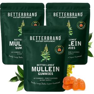 Betterbrand Mullein Chewable Gummies for Lung Cleanse and Detox, Respiratory Health Supplement, 2000mg Mullein Extract per Serving, 50:1 Extract - 90 Day Supply - Pear Flavored, BBD 05/2028