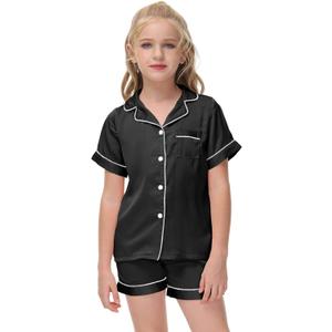 Veseacky Girl's Satin Pajamas Set Short Sleeve Button Sleep Shirt with Silky Shorts Set PJ for Teens (Black, Size 12)