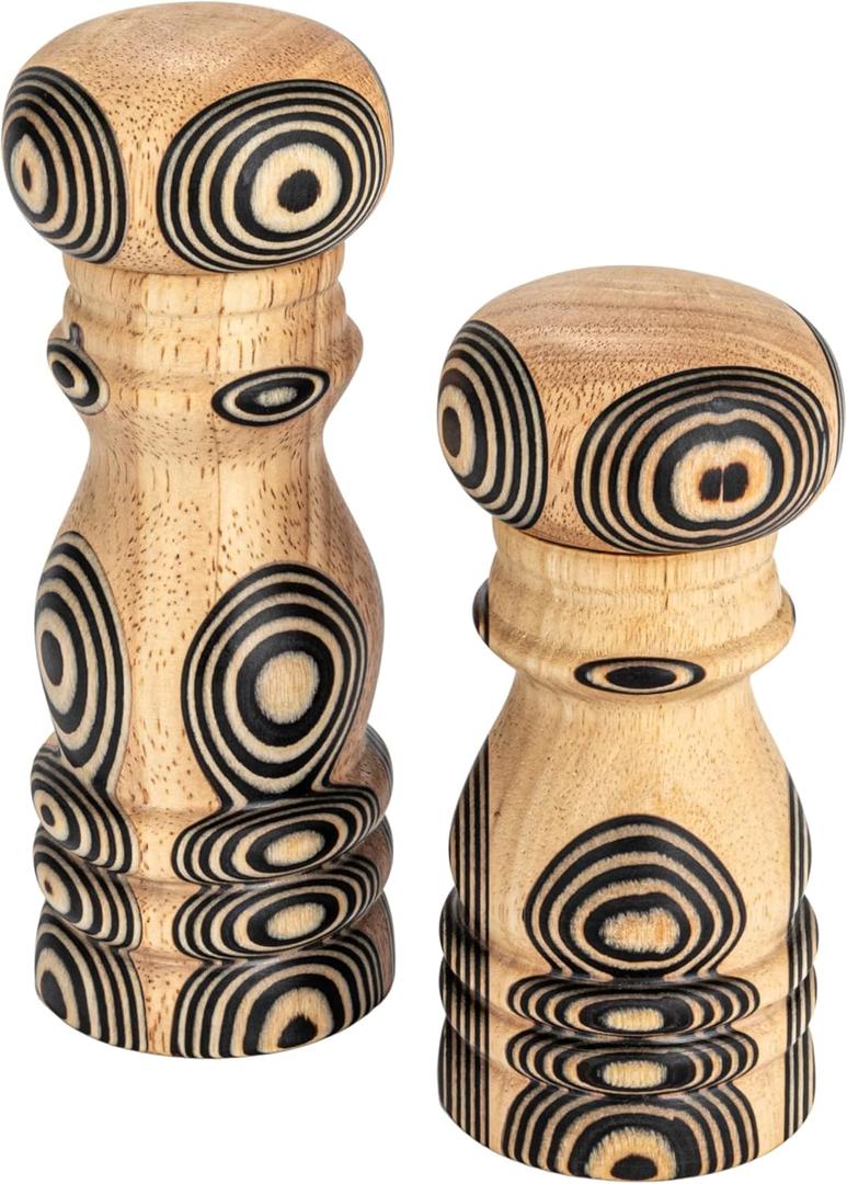 Bloomingville Wood Salt and Pepper Mills with Inlaid Circles Design, Natural and Black, Set of 2