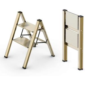 WOA WOA 2 Step Ladder, Foldable Step Stool, Aluminum Lightweight Ladder for Home Kitchen Closet, Anti-Slip Pedals, Ease of Folding, Portable, 300lbs Capacity - Gold (Brown Gold)