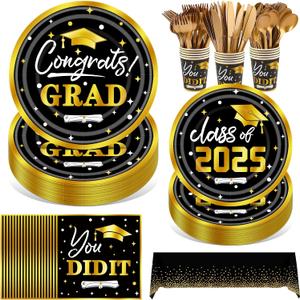 211Pcs Graduation Paper Plates Set - Include Paper Plates Cups Cutlery Napkins and Tablecloth for 2025 Graduation Party Supplies, Serve 30 (Black and Gold)