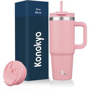 30 oz Tumbler with Handle and 2 Straws,2 in 1 Lid Insulated Water Bottle Stainless Steel Travel Coffee Mug,Pink