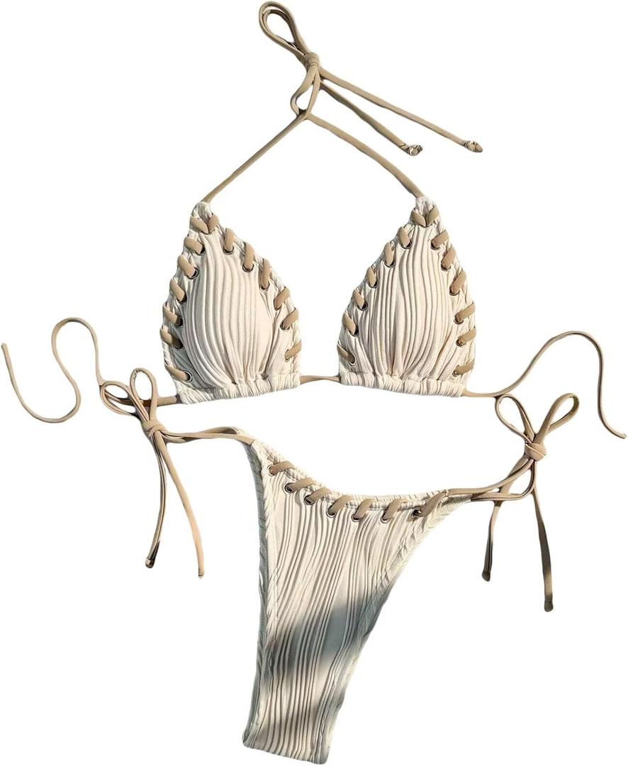 Falainetee Women's High Waisted Bathing Suit Shell Decor Tie Back Swimsuit Bikini Set 2 Piece (Medium, Apricot)