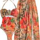 WDIRARA Women's 2 Piece Floral Bikini Sets Cut Out Halter One Piece Swimsuit with Beach Skirt Orange X-Large