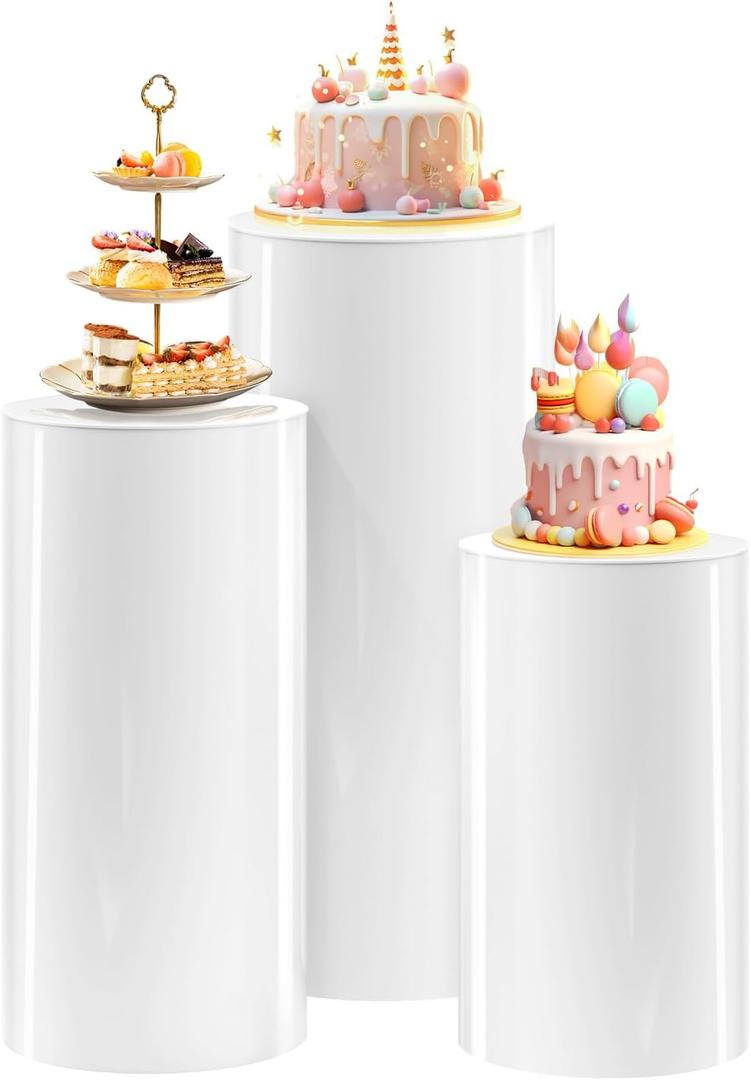 SaitiMade Set of 3 - White Round Cylinder Stands, High Strength PVC Pedestal Stands for Party, Wedding, Birthday, Baby shower Decoration - 23.6''(L), 29.5''(XL), 35.4''(XXL)