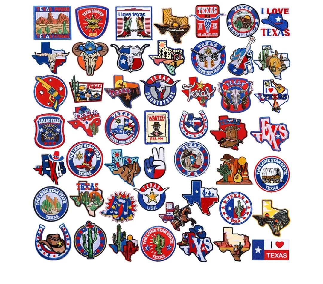 50 Pcs Themed Iron on Patches Applique with Words Embroidered Sew on Cloth Colorful Multiple Styles Patches for Clothes Hats Backpacks Jackets Accessories Souvenirs Gifts(Texas)