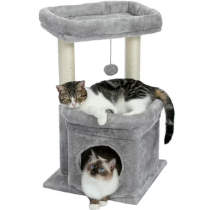 PAWZ Road Cat Tree, Multi-Level Cat Tower with Sisal-Covered Scratching Post, Cozy Cat Condo Soft Cat Perch and Plush Pompom for Indoor Cats, Grey