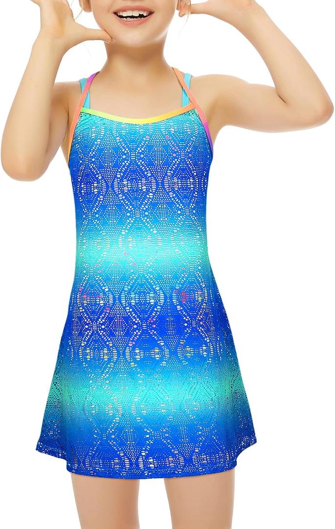 Girls Swim Cover Ups Beach Crochet Mesh Crossback Swimsuits Cover Up Dress for Girls 4-12 Years