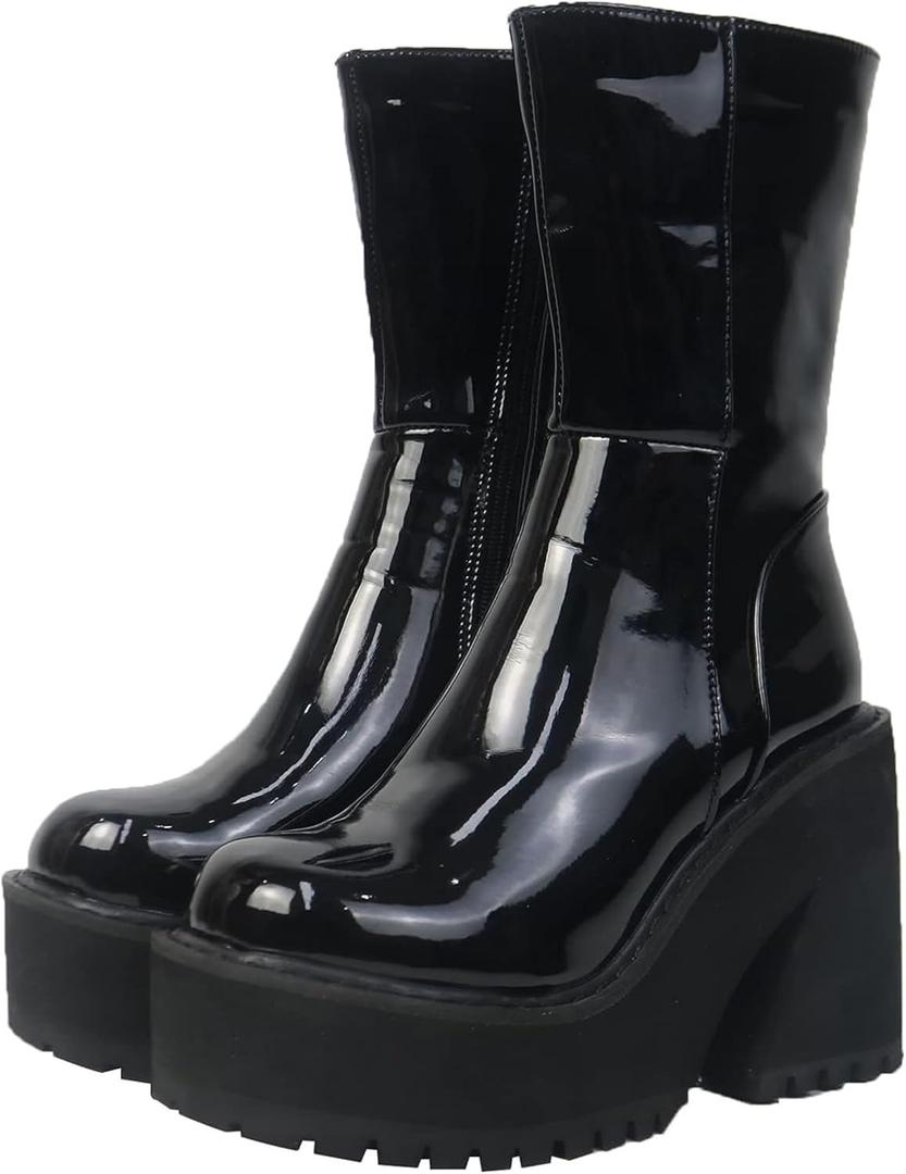 AMINUGAL Womens Wedge Heel Ankle Boots Platform Zipper Punk Motorcycle Booties Chunky Block High Heel Round Toe Fashion Work Combat Boots Mid Calf For Women (10, A-patent Black Prime)