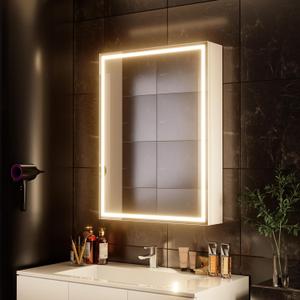 28x20 inch LED Lighted Medicine Cabinet with Mirror, Moisture-Resistant Wood, Stepless Dimmable, 3000K/5500K, Defogger, Adjustable Shelf, Flat-Pack Design – Assembly Required (White)