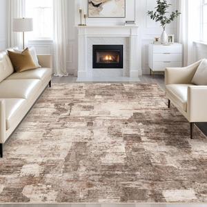 Abstract Living Room Rug 9x12 - Modern Washable Soft Thin Area Rug for Living Room Bedroom Under Dining Table - Neutral Indoor Floor Rug Carpets for Home Office Playroom Nursery - Brown