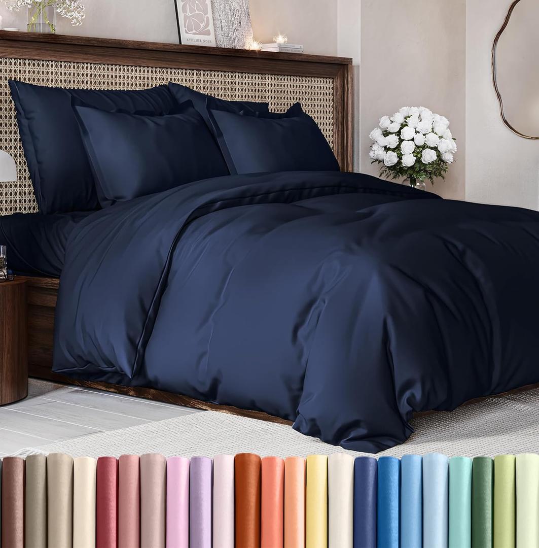 Duvet Cover King Size Set - Extra Soft King Size Duvet Cover 104 x 90 with 2 Pillow Shams - Hotel Luxury Easy Care and Fade Free w/Zipper Closures & Ties - Comfy Breathable Bedding Set (Navy Blue)