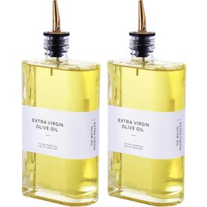 2 Pcs Olive Oil Dispenser Bottles, 500ml/17oz Glass Oil & Vinegar Decanter with Gold Stainless Steel Precision Pourer for Kitchen Cooking