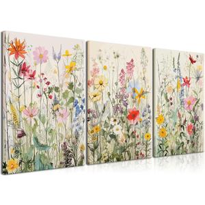 KISSFOX Framed Colorful Wildflower Canvas Wall Art Set Of 3 Flowers Pictures Prints Flowers Printing Floral Watercolors Flower wall Decor Living Room Girls Bedroom Bathroom (12"x16" Canvas)