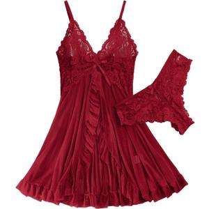 Foxiny Sexy Ruffle Sheer Mesh Lace Wireless Babydoll Lingerie Dress with Thong 2 Piece (Large, Red)