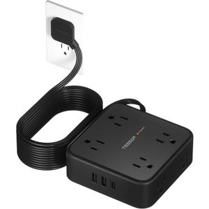 TESSAN Surge Protector Power Strip, 15 Ft Flat Plug Extension Cord with 3 USB (1 USB C) 8 Outlets, 1250W, 900J Protection, 3 Sided Outlet Extender with Power Switch for Office, Dorm Room, Black