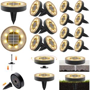 Joomer 16 Pack Solar Ground Lights, 2-in-1 Solar Lights Outdoor Waterproof Solar Powered Disc Light Landscape Garden Lighting Light for Patio Pathway Lawn Yard Driveway Walkway Deck Step(Warm White)
