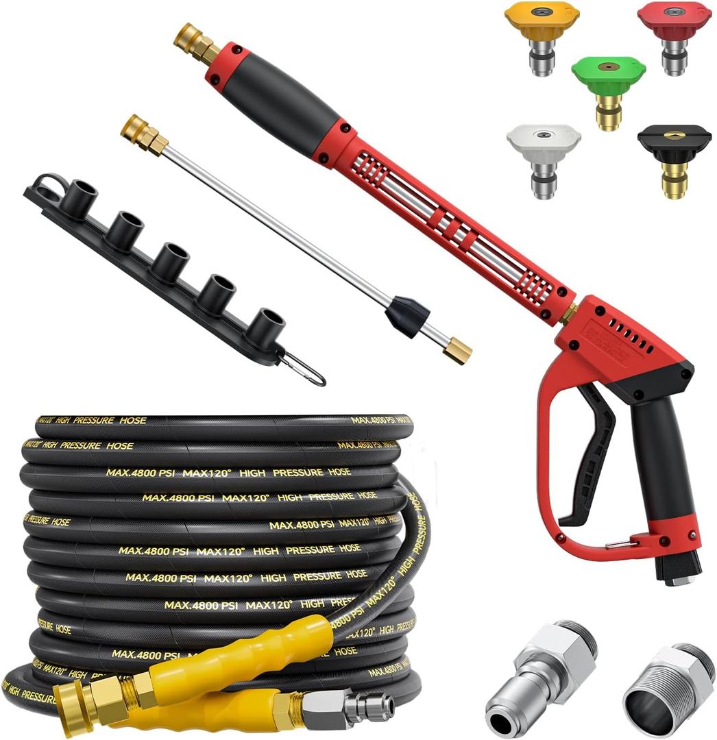 5000PSI Pressure Washer Gun and Hose Kit, 25FT Kink Resistant Steel Braided Power Washer Hose with 3/8" Swivel Quick Connector and M22 14mm Adapters Replacement/30" Extension Washer Wand