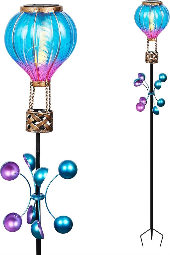 Alpine Corporation RGG1002SLR Solar Hot Air Balloon Spinning Garden Stake with LED Lights, 45 Inch Tall, Blue and Purple