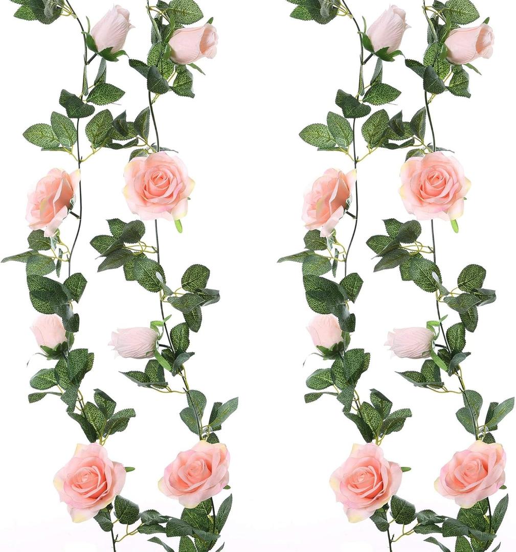 Felice Arts 2 Pack Pink Artificial Flower Garland, Each 6.5FT Fake Rose Vines, Hanging Floral Rose Garland for Wedding Baby Shower Swing Table Home Party Decor