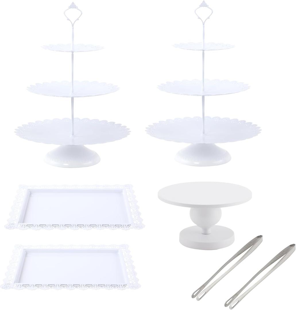 GMWD Set of 7 White Cake Stand Desserts Display Table Pedestals 3-Tiered Cupcakes Holder Serving Tray Decorative Weddings Birthdays Party Baby Showers Celebrations