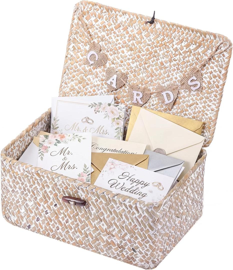 Geelin Sea Grass Wedding Card Basket With Letter Flag Decorative Wedding Card Woven Post Box Suitable For Baby Showers Birthdays Graduation Ceremonies Bridal Showers(11 Inch,White)