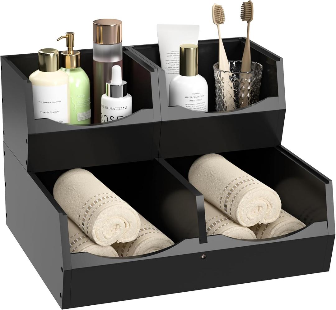 3 Set Bamboo Pantry Organizers and Storage, Open Front Vegetable Fruit Seasonings Stackable Storage Bins, Rustic Stacking Storage Bins for Pantry, Office, Bedroom, Kitchen Counter Organizer (Black)