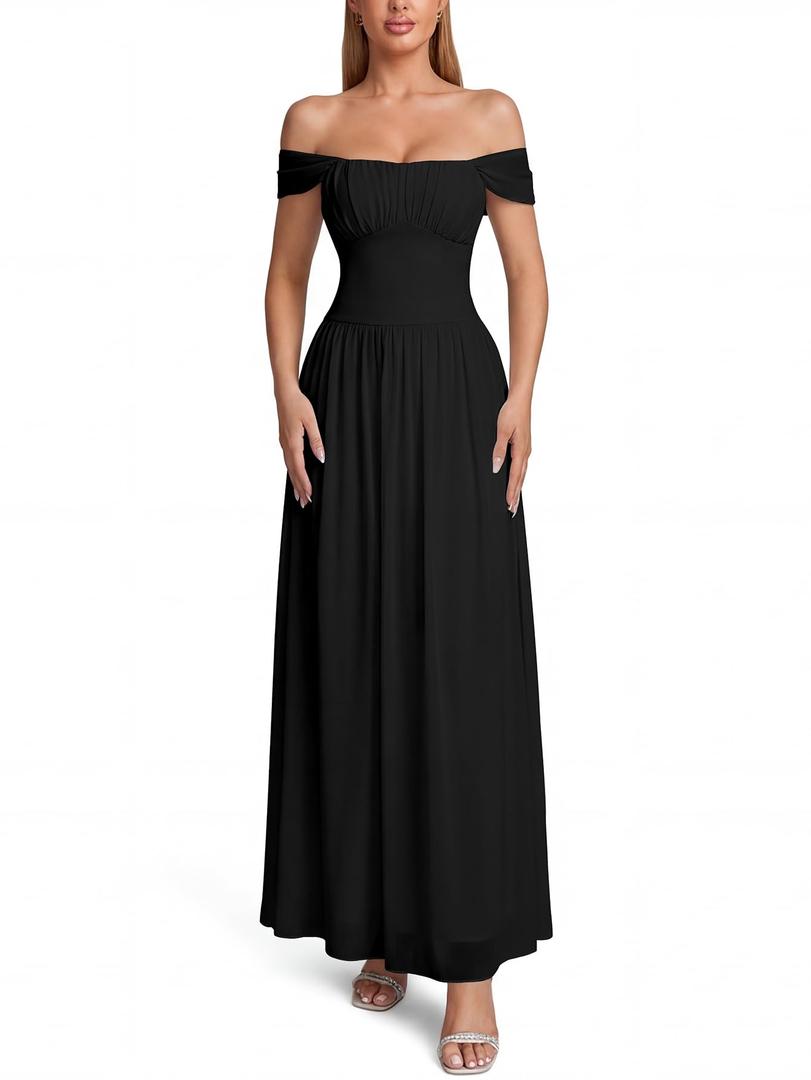 VKIHOC Summer Formal Wedding Guest Off the Shoulder Maxi Dress Women 2026 (M)