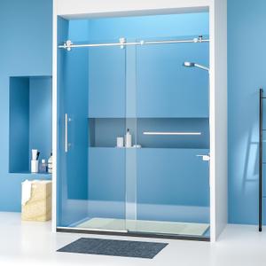 60" W x 74" H Frameless Sliding Shower Door, Shower Glass Door with 1/4 Inch Clear Tempered Glass, Explosion-Proof Film, Stainless Steel Hardware, Brushed Nickel