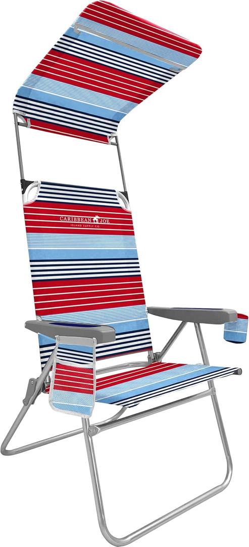 CARIBBEAN JOE Folding Beach Chair, 1 Position High Back Outdoor Camping Chair with Canopy, Lightweight and Portable (Americana Stripe)