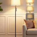JUNNAI Upgraded Modern Black Floor Lamp 63in Standing Lamp for Living Room Bedroom Office 3 Way Brightness Dimmable Tall Pole Light with Beige Linen Shade Metal Shade 8W 3000K LED Bulb Included