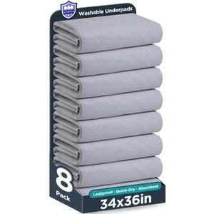 Washable Bed Pads 34" x 36" - 8 Pack, Grey, Waterproof Bed Pads for Incontinence, Bed Wetting Pads for Bed, Sofa, Floor, Resuable Underpads for Adults, Seniors, Pet (Gray)